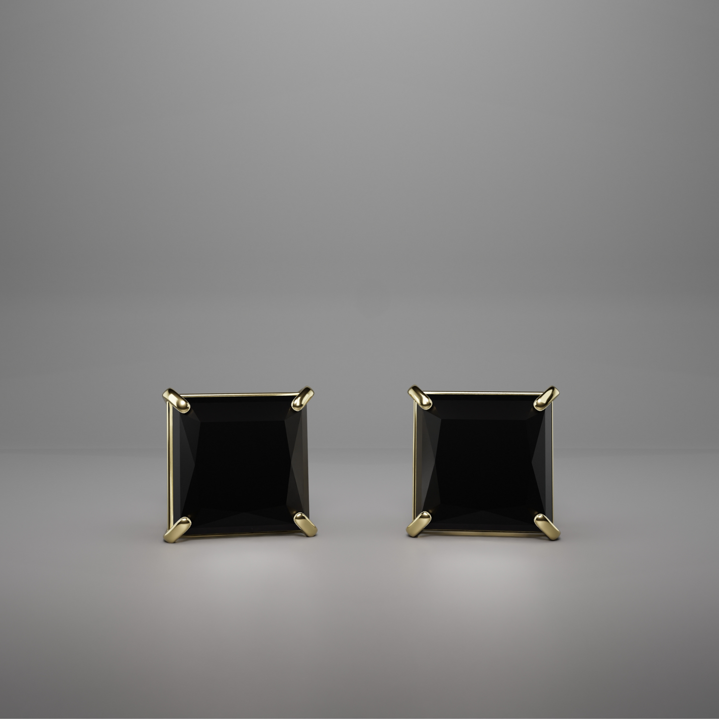 Black Princess Cut Stud Earrings 14KT Yellow Gold Screw Back