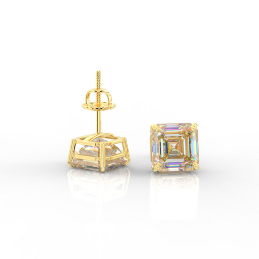 Asscher Cut Moissanite Stud Earrings 14K Yellow Gold Screw Back Certified