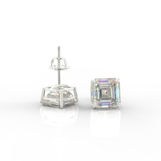 Asscher Cut Moissanite Diamond Stud Earrings 14K White Gold GRA Certified