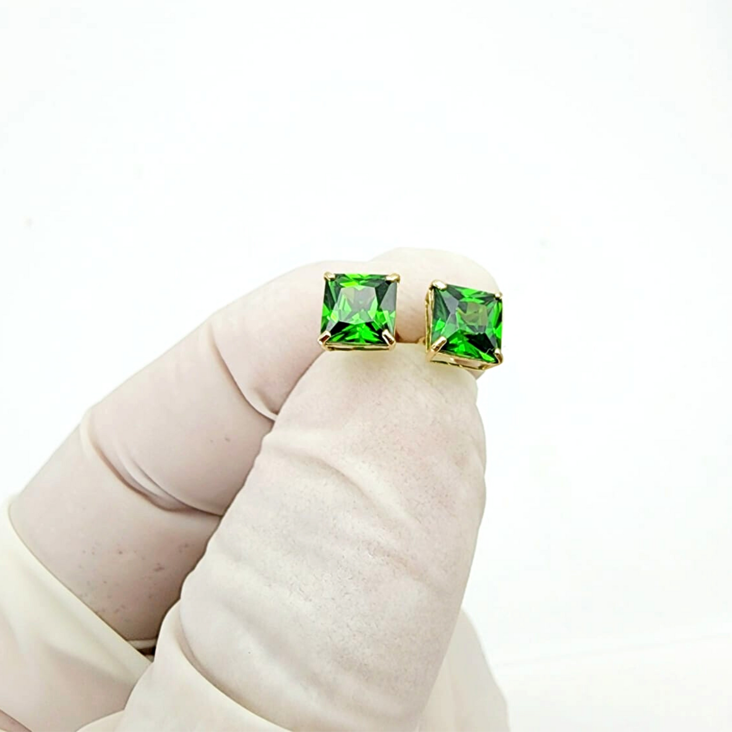 Simulated Green Emerald Princess Cut Stud Earrings 14KT Yellow Gold Push back