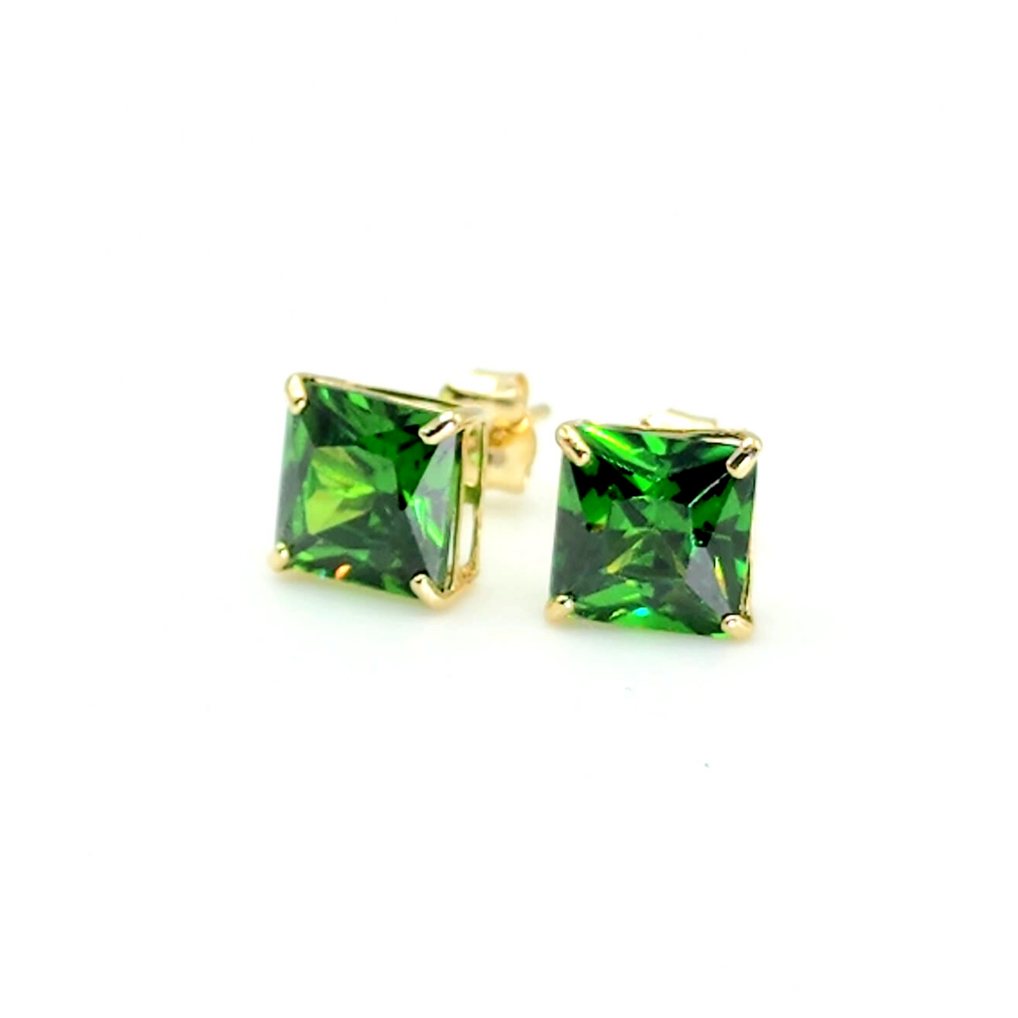 Simulated Green Emerald Princess Cut Stud Earrings 14KT Yellow Gold Push back