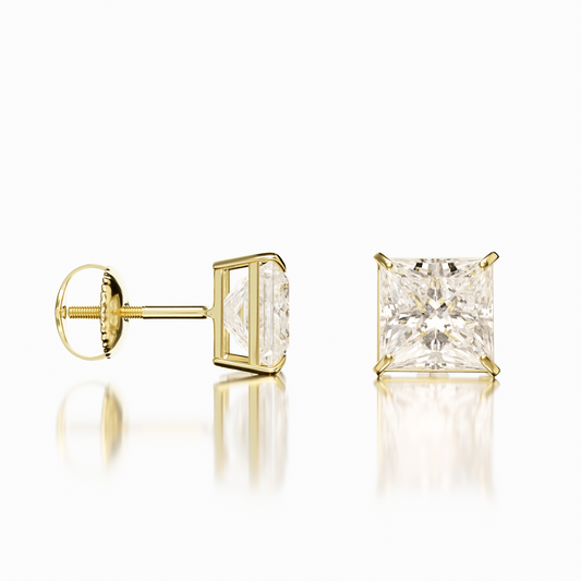 VVS1 GRA Certified Princess Cut Moissanite Stud Earrings | Yellow Gold Screwback